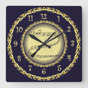 Oboe ~ Musical Scroll ~ Gold/Navy Blue ~ Square Wall Clock