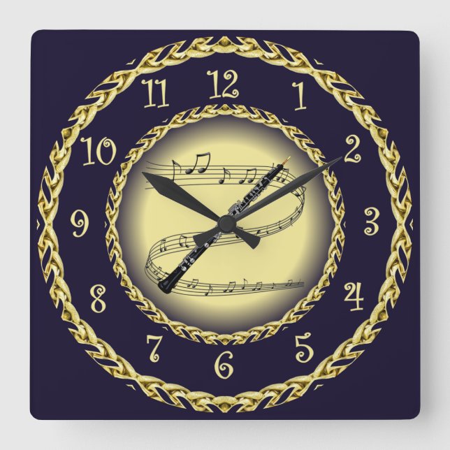 Oboe ~ Musical Scroll ~ Gold/Navy Blue ~  Square Wall Clock (Front)