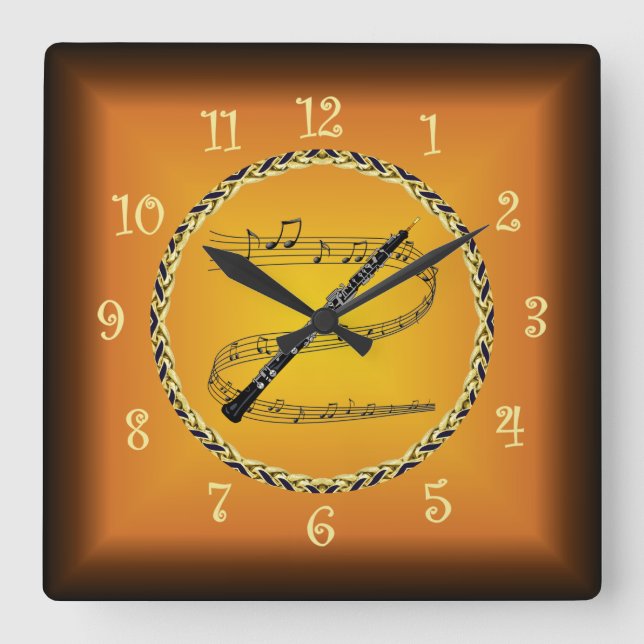 Oboe On Musical Scroll & Russet Orange ~  Square Wall Clock (Front)