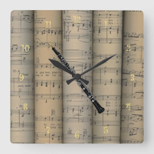 Oboe ~ Rolled Sheet Music Background ~ Musical Square Wall Clock