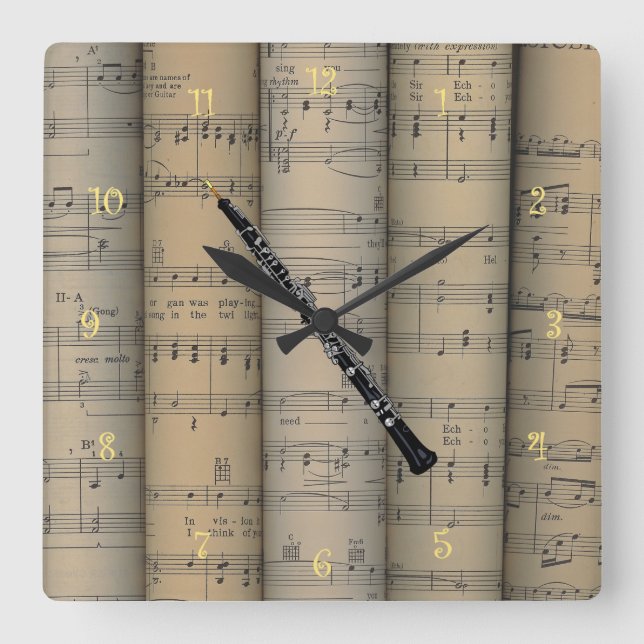 Oboe ~ Rolled Sheet Music Background ~ Musical Square Wall Clock (Front)