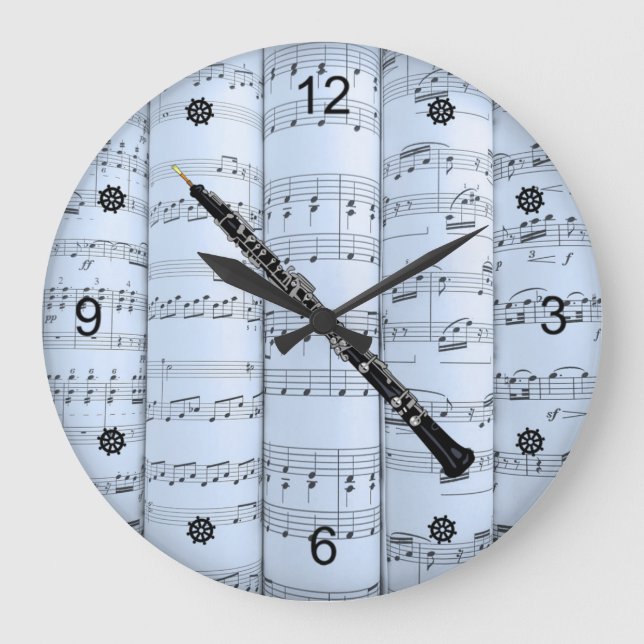 Oboe ~ Rolled Sheet Music ~ Blue Tint Background ~ Large Clock (Front)