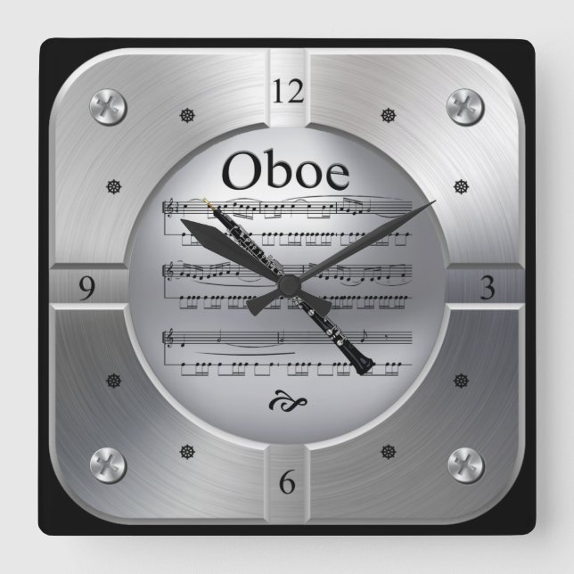 Oboe ~ Sheet Music ~ Brushed Silver Color ~ Square Wall Clock (Front)