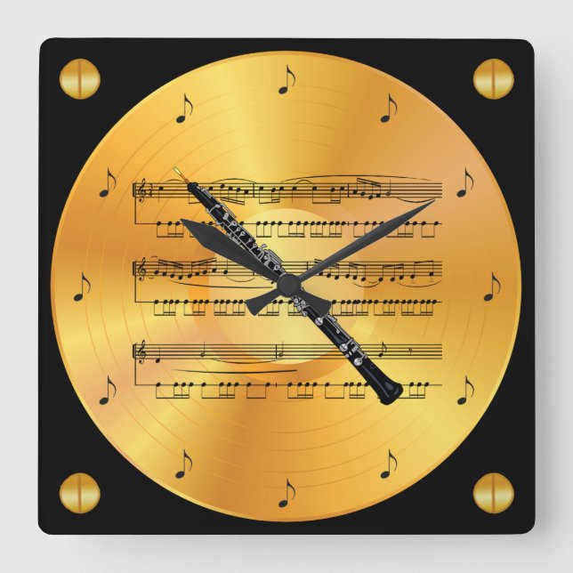 Oboe ~ Sheet Music ~ Gold Record ~ Square Wall Clock (Front)