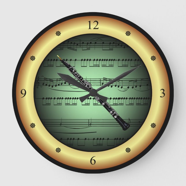 Oboe ~ Sheet Music ~ Green on Gold Background ~   Large Clock (Front)