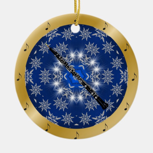 Oboe ~ Silver ~ Blue ~ Gold ~ Christmas ~ Ceramic Ornament (Front)