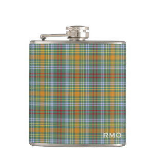 O'Brien Tartan Monogram Green and Orange Plaid Hip Flask
