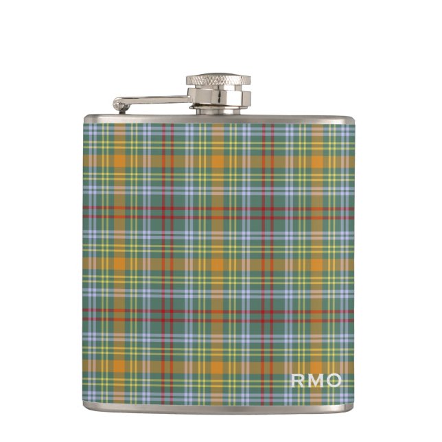 O'Brien Tartan Monogram Green and Orange Plaid Hip Flask (Front)