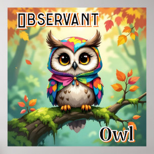 Observant Owl   Cute Cartoon Kid's Nursery Art Poster