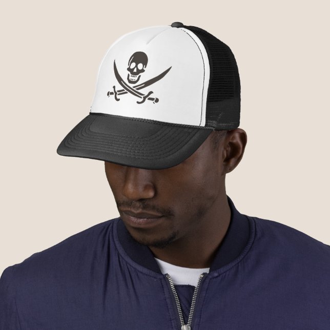 Obsidian Skull Swords Pirate flag of Calico Jack Trucker Hat (In Situ)