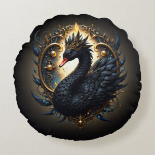 Obsidian Swan of Silent Grace – Dark Fantasy Round Cushion