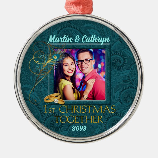 OBSOLETE Peacock 1st Christmas Together Photo Metal Tree Decoration (Front)