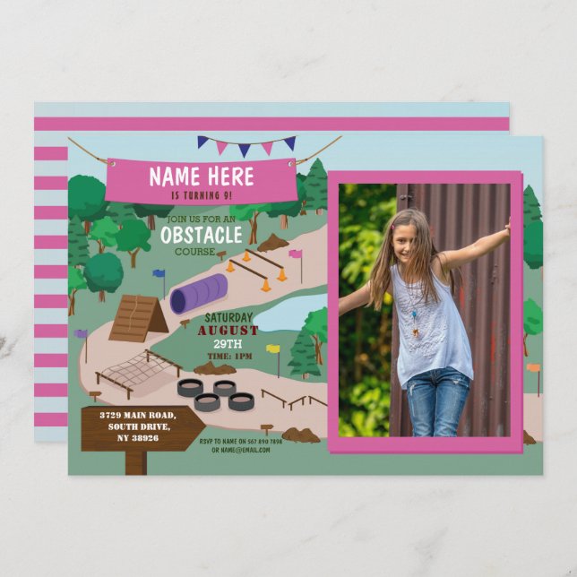 Obstacle Course Birthday Photo Adventure Park Pink Invitation (Front/Back)