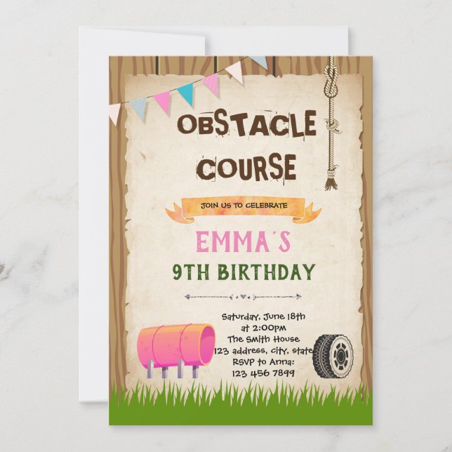 Obstacle course girl birthday party invitation (Front)