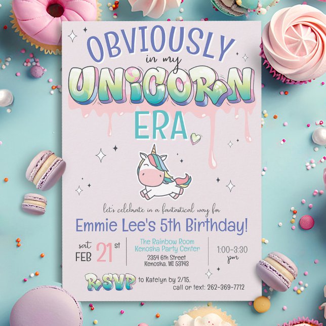 Obviously In My Unicorn Era Funny Pink Birthday Invitation (Funny Cute Obviously In My Unicorn Era pastel rainbow unicorn theme girl pink birthday party Invite)