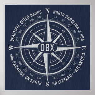 OBX Compass Outer Banks Vintage White Navy Blue Poster