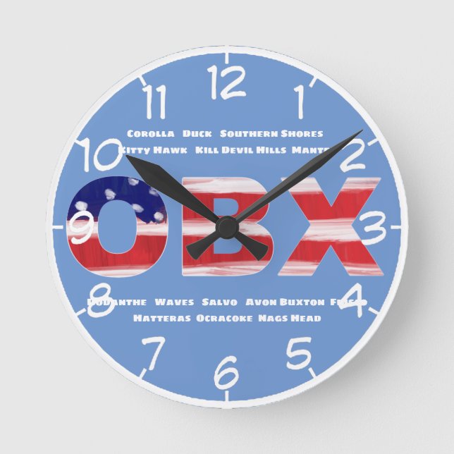 OBX Flag Text And Towns Numbered Round Clock (Front)
