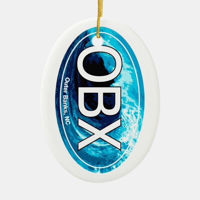 OBX Outer Banks Wave Oval Ceramic Tree Decoration (Front)