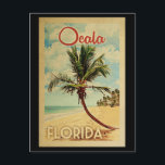 Ocala Palm Tree Vintage Travel Postcard<br><div class="desc">A uniquely retro mid-century modern Ocala Florida art print in vintage travel poster style. It features a curved palm tree on sandy beach with ocean under a blue cloudy sky.</div>