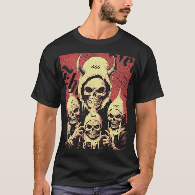 Occult Horror Skeletons Devil Sins T-Shirt (Front)