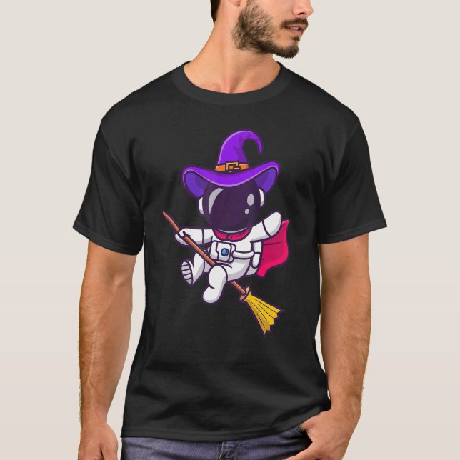 Occult Magic Witch Astronaut Flying Broom T-Shirt (Front)