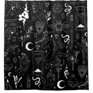 occult mystical esoteric witchcraft crystals black shower curtain