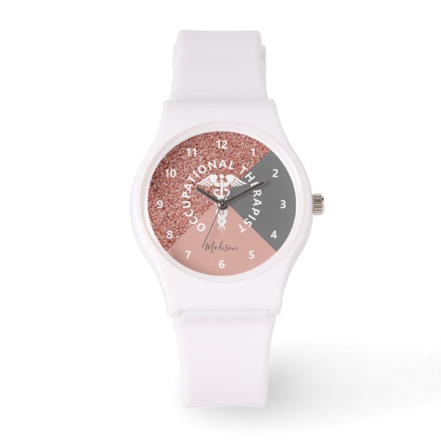 Occupational Therapist Rose Gold Glitter Monogram Watch (Front)