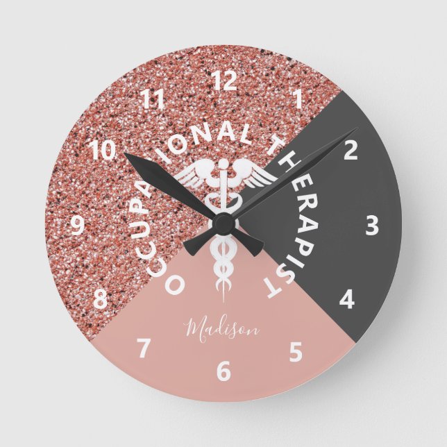 Occupational Therapist Rose Gold Pink Glitter Name Round Clock (Front)