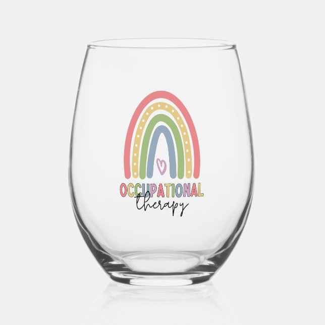 Occupational Therapy OT Therapist Rainbow Stemless Wine Glass (Front)