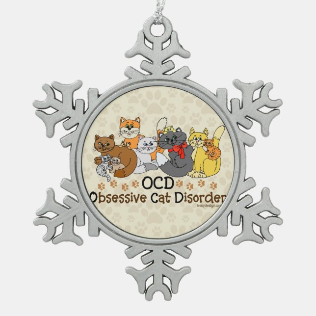 OCD Obsessive Cat Disorder Snowflake Pewter Christmas Ornament (Front)
