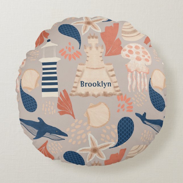 Ocean Adventure -Whales,Jellyfish & Lighthouse Fun Round Cushion (Front)