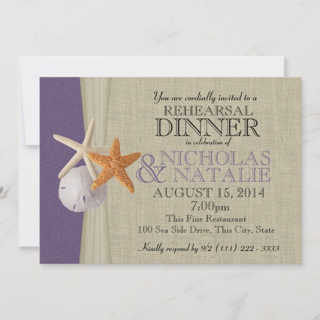 Ocean and Burlap Purple Rehearsal Dinner Invitation (Front)