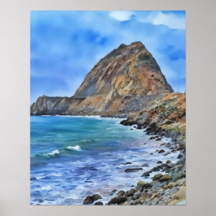 Ocean and Rock Mountain Watercolor Style Art Poster