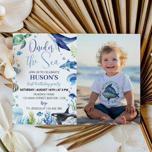 Ocean Animal Boy First Birthday Photo Invitation