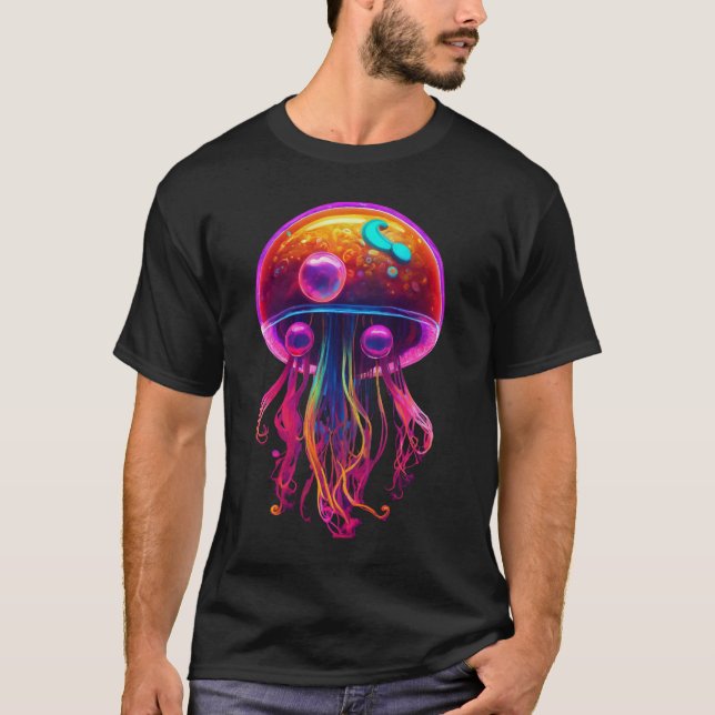 Ocean animal Jellyfish Black colour Cotton half sl T-Shirt (Front)