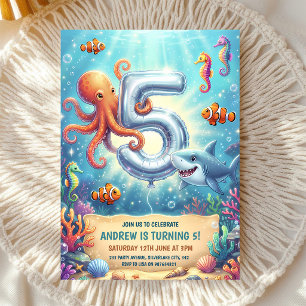 Ocean Animals 5th Birthday Shark Party Invitation