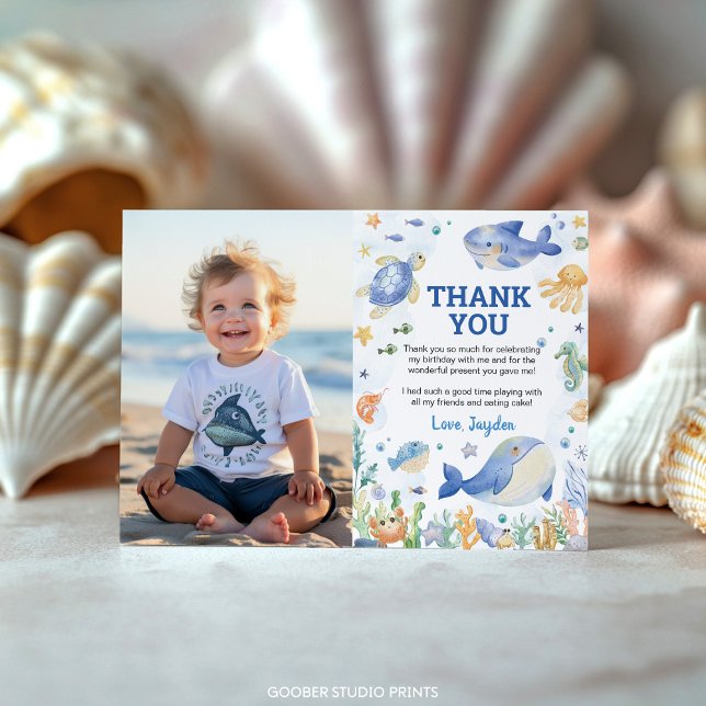 Ocean Animals Boy Under the Sea Birthday Photo Thank You Card (Creator Uploaded)