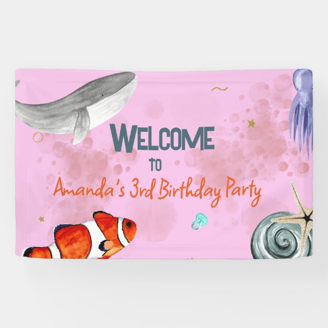 Ocean Animals Girls Pink Birthday Party Welcome  Banner (Horizontal)