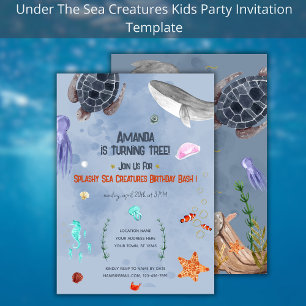 Ocean Animals Kids Birthday Party Blue Invitation 