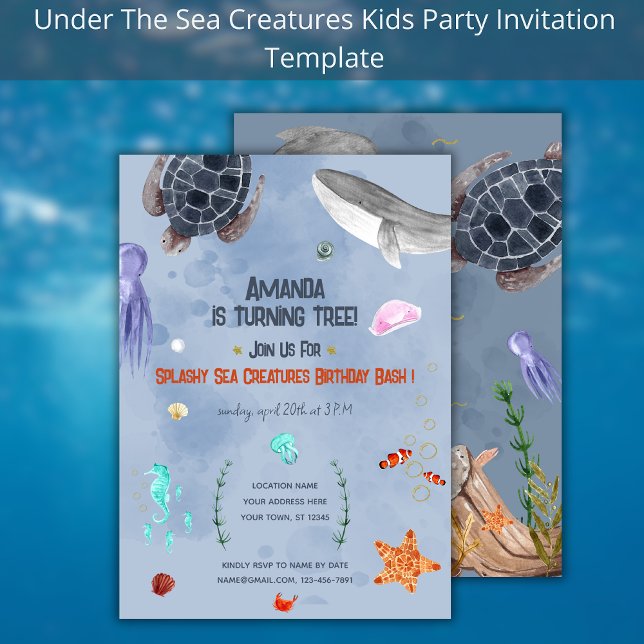 Ocean Animals Kids Birthday Party Blue Invitation  (Creator Uploaded)