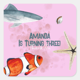 Ocean Animals Kids Birthday Party Pink Thank You Square Sticker