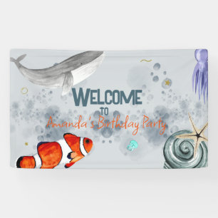 Ocean Animals Kids Birthday Party Welcome Blue  Banner