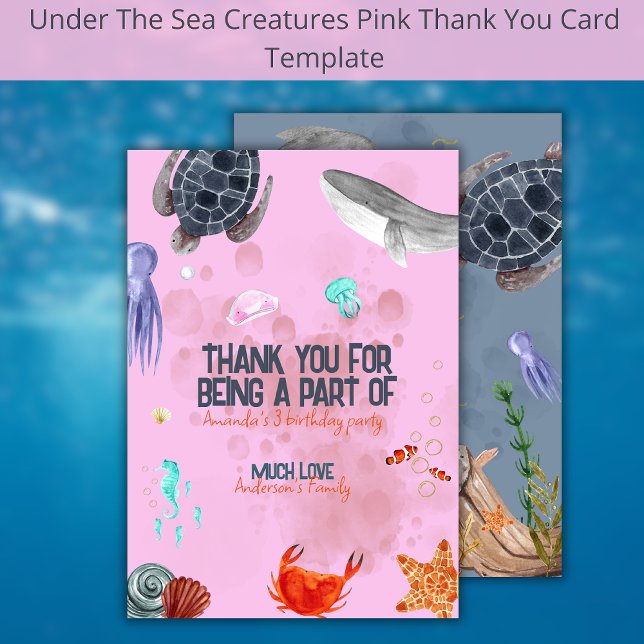Ocean Animals Kids Party Pink Thank You Card (Creator Uploaded)