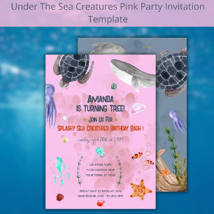 Ocean Animals Turtle Kids Party Pink Invitation
