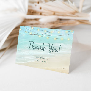Ocean Aqua Blue Beach String Lights Wedding  Thank You Card