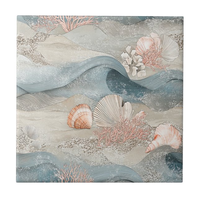 Ocean Aqua Coral Reef Coastal Pattern Ceramic Tile (Front)