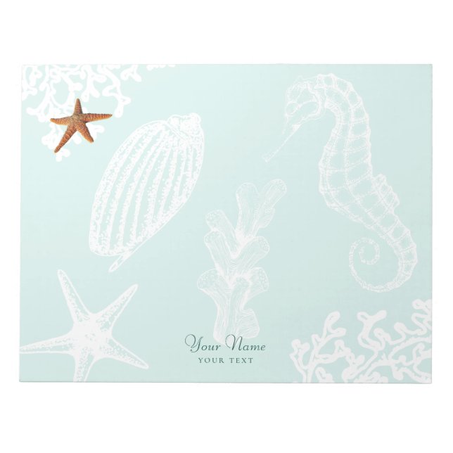Ocean aqua seashell pattern name personalised notepad (Front)