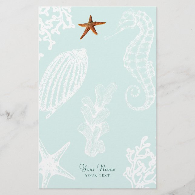 Ocean aqua seashell pattern name personalised stationery (Front)