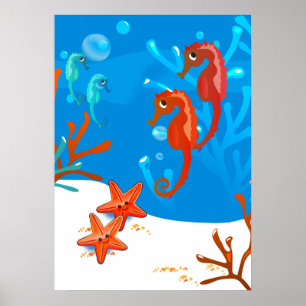 Ocean Aquatic Cute Seahorse Starfish Poster