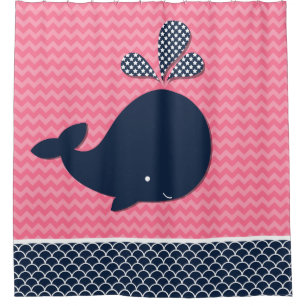 Ocean Aquatic Whale Chevron Stripes Pink and Navy Shower Curtain